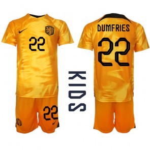 Netherlands Denzel Dumfries #22 Replica Home Stadium Kit for Kids World Cup 2022 Short Sleeve (+ pants)